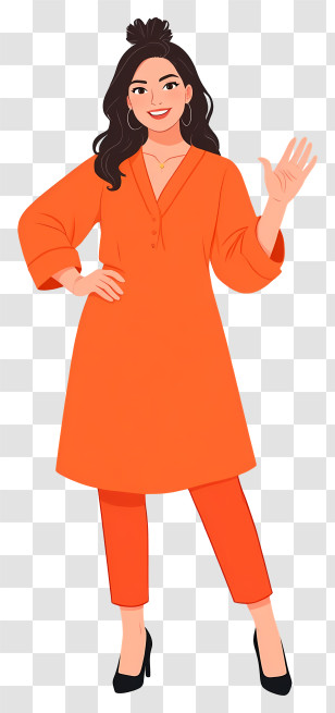 Woman Full Body - Woman In Orange Outfit Waving Transparent PNG