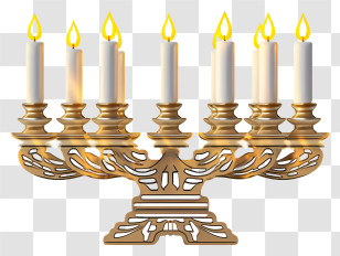 Menorah - Golden Menorah With Lit Candles For Hanukkah Transparent PNG