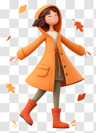 Woman Enjoying Autumn Rain - Happy Woman In Orange Coat With Falling Leaves Transparent PNG