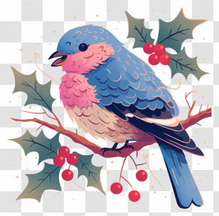 Winter Bird - Colorful Bluebird On Holly Branch Transparent PNG