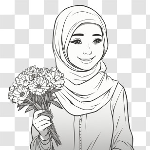Muslim Girl - Line Art Of Woman With Flower Bouquet Transparent PNG