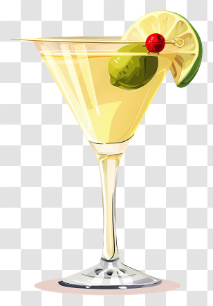 Cocktail Day - Yellow Martini Cocktail With Lime And Cherry Garnish Transparent PNG
