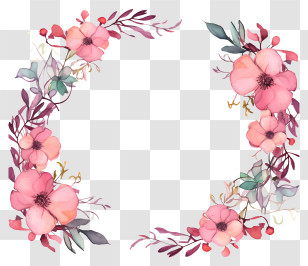 Watercolor Painting - Floral Frame With Pink Flowers And Leaves Transparent PNG