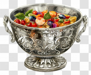 Dhaniya Panjiri - Silver Decorative Punch Bowl With Fruits Transparent PNG