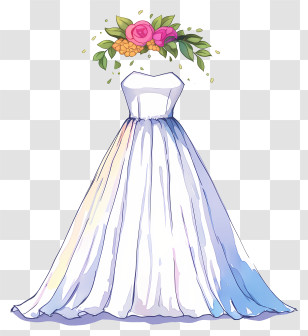 Watercolor Wedding Dress - Elegant White Dress With Floral Accents Transparent PNG