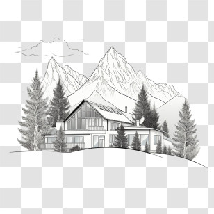 House
 - Modern Mountain Home Sketch With Forest And Peaks Transparent PNG