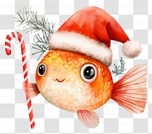 Christmas Fish - Goldfish With Santa Hat Holding Candy Cane Transparent PNG