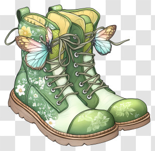 Cottage Style Shoes - Green Boots With Butterfly Accents Transparent PNG