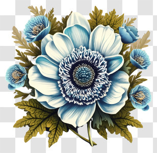 Blue Flower - Beautiful Blue Anemone Flowers With Green Leaves Transparent PNG