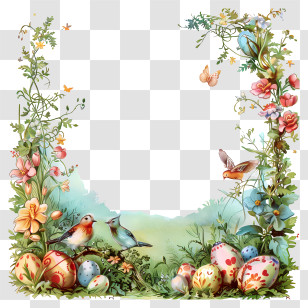 Easter Day Frame - Easter Frame With Eggs And Flowers Transparent PNG