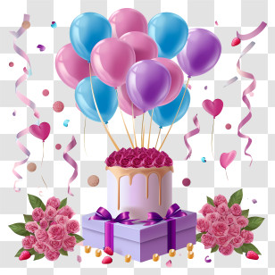 Birthday Decor Vector 3d - Birthday Cake And Decorations With Balloons Transparent PNG