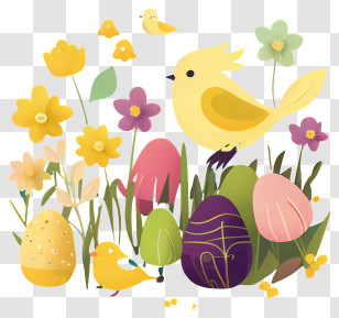 Colorful Eggs - Springtime Scene With Bird And Easter Eggs Transparent PNG