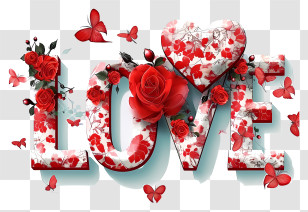 In The Style Of Romantic Illustration - Floral Love Text With Butterflies Transparent PNG