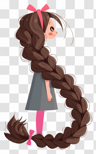 Long Braided Hair - Cartoon Girl With Long Brown Braid And Pink Bows Transparent PNG