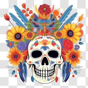 Day Of The Dead - Floral Sugar Skull Decoration With Feathers Transparent PNG