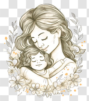 Mothers Day - Mother And Child Sketch With Floral Elements Transparent PNG