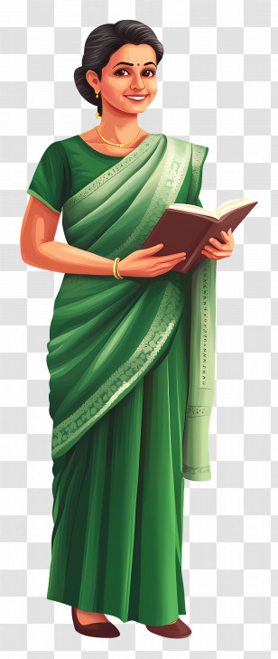 Teacher - Woman In Green Saree Holding A Book Transparent PNG
