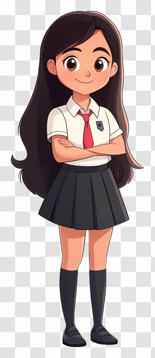 Animated School - Confident Girl With Long Hair In Uniform Transparent PNG