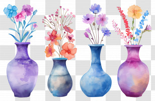 Flowers In Vase - Colorful Flower Vases In Watercolor Transparent PNG