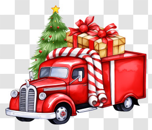 Red Truck - Red Truck With Christmas Gifts And Tree Illustration Transparent PNG