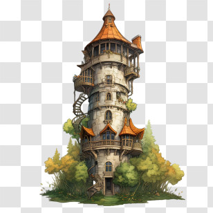 Wizards Tower - Fantasy Stone Tower Amidst Trees Transparent PNG