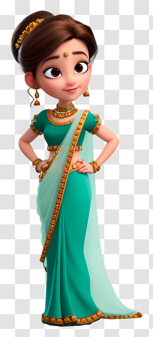 Girl Wearing Saree Cartoon Jewelries - Animated Girl In Traditional Dress Transparent PNG