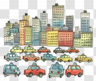 Cars In City - Cartoon City With Colorful Cars And High-rises Transparent PNG