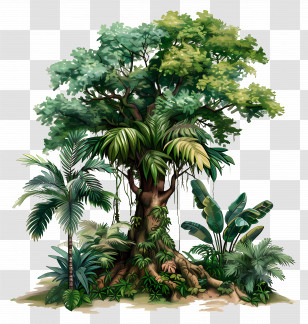 Rainforest Tree - Thriving Lush Rainforest Tree With Tropical Plants Transparent PNG