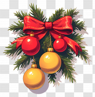Christmas Balls On A Branch - Christmas Bow With Ornaments And Pine Branches Transparent PNG