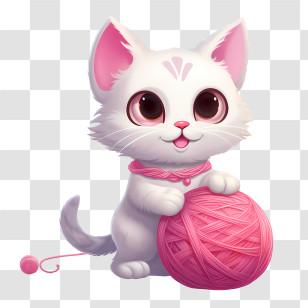 Cat Playing Yarn Ball - Cute White Kitten Playing With Pink Yarn Ball Illustration Transparent PNG