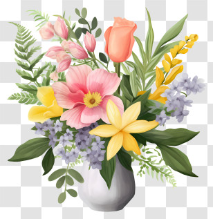 Floral Arrangement - Colorful Flower Bouquet Illustration In A Vase Transparent PNG