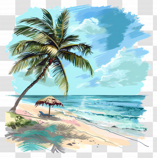 Tranquil Beach - Tropical Beach Scene With Palm Tree And Ocean Transparent PNG