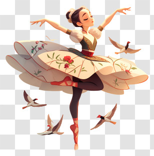 Anime Dancer - Ballet Dancer With Birds And Floral Dress Transparent PNG