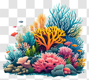 Minimalized Flat Vector Illustrate - Vibrant Coral Reef Underwater Scene Transparent PNG