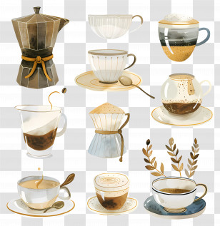 Coffee - Beautiful Coffee Cups And Makers Illustration Transparent PNG