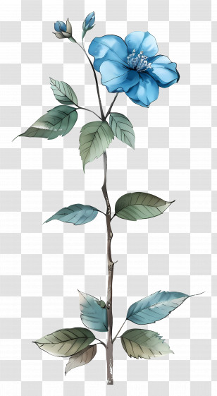 Watercolour Flowers - Blue Flower With Stem Illustration Transparent PNG