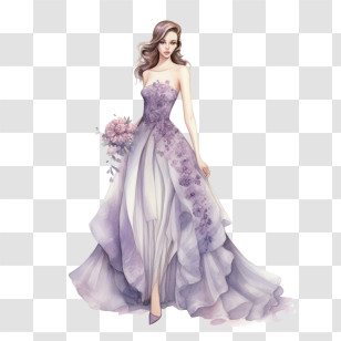 Wedding Dress - Elegant Bridal Gown Illustration With Floral Bouquet Transparent PNG