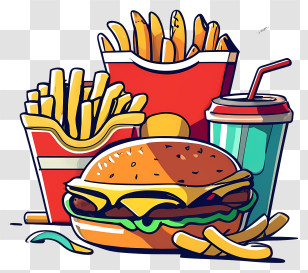 Cartoon Fast Food - Fast Food Combo With Burger, Fries, And Drink Transparent PNG