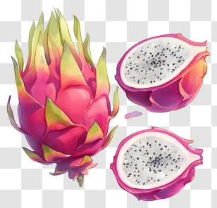 Watercolor Dragon Fruit - Dragon Fruit With Slices Transparent PNG