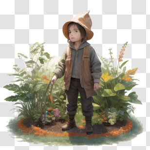 Cartoon - Boy In Garden With Vegetables And Flowers Transparent PNG
