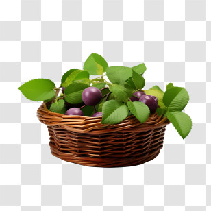 Plum - Purple Berries And Leaves In Wicker Basket Transparent PNG