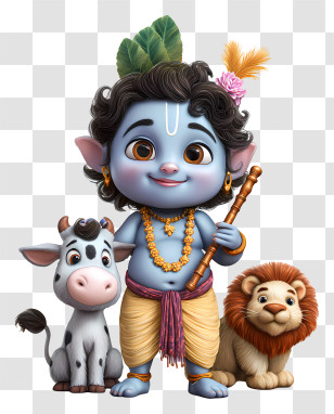 Krishna Janmashtami - Cute Cartoon Character With Animals Transparent PNG