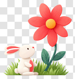 Bunny Gazing Up Flower - Sweet Bunny With Red Petal Flower Transparent PNG