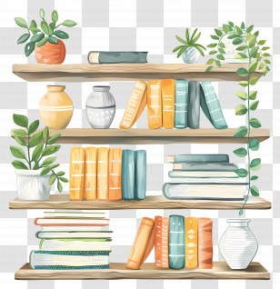 Bookshelves - Stylized Bookshelf With Books And Pots Of Plants Transparent PNG