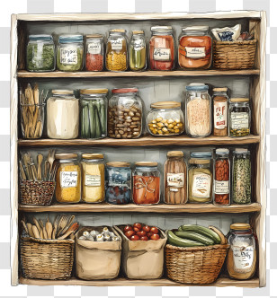 Food Storage - Pantry Shelf With Jars And Baskets Transparent PNG