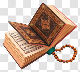 Flat Holy Book Of Koran And Pray Beads - Holy Book With Ornate Cover And Prayer Beads Transparent PNG
