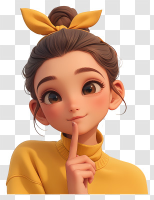 Girl With Hand Touching Chin - Animated Girl With Yellow Bow And Sweater Transparent PNG