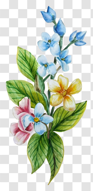 Cartoon - Watercolor Bouquet With Blue, Yellow, And Pink Flowers Transparent PNG