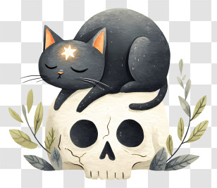 Black Cat On Human Skull - Black Cat Atop Skull Transparent PNG