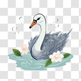 Swan - Graceful Swan Floating In Water With Floral Surroundings Transparent PNG